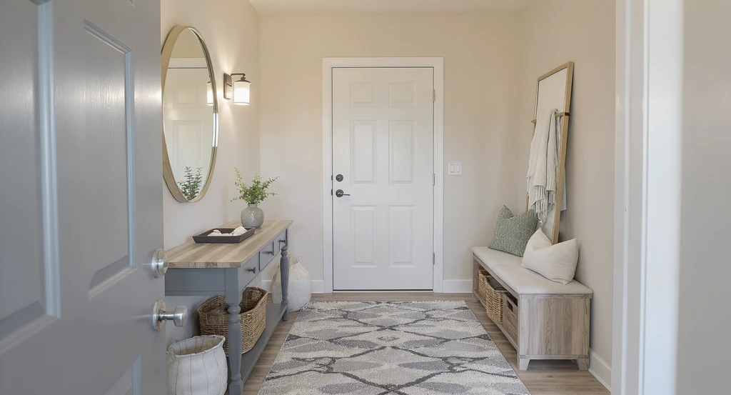 Photo of a staged home entryway styled for first impressions, showing a console, storage bench, soft lighting, and clutter-free surfaces, demonstrating how to use ai tools for staging forgotten spaces and visualize entryway improvements with ai.