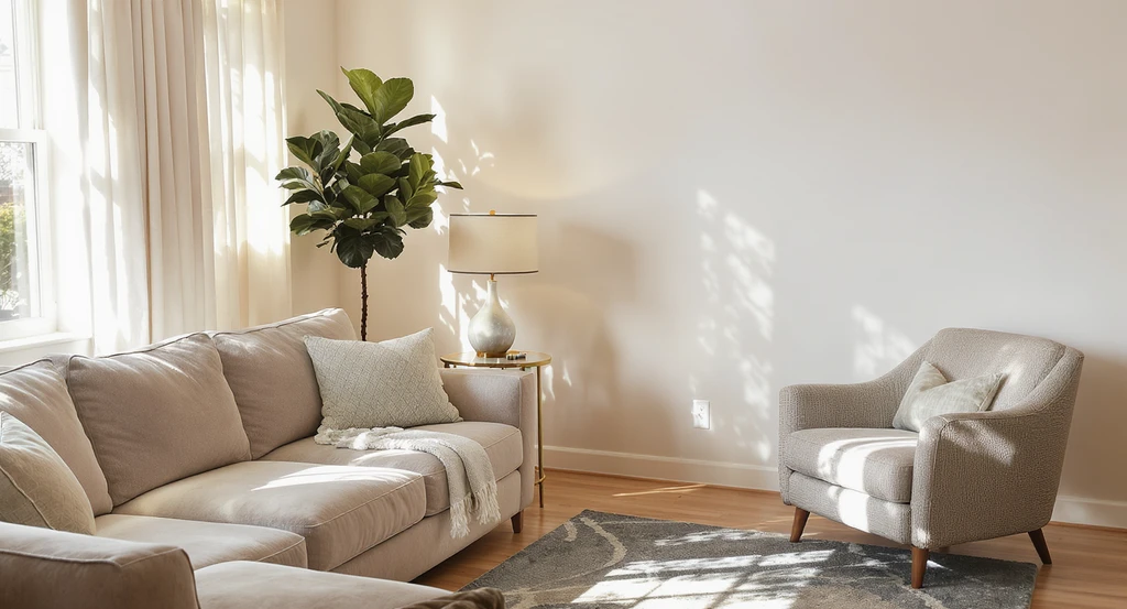 Realistic living room with a big sectional sofa leaving a triangular corner, staged with a tall plant, tasteful lamp, and accent chair—showcasing ai-powered solutions for awkward home corners, using ai tools for staging forgotten spaces and improving listing photos with ai home visualization.