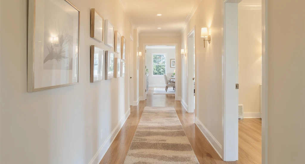 Expertly staged hallway with framed art, textured runner rug, and warm wall sconces, illustrating how to use AI tools for staging forgotten spaces and improving transition area design.