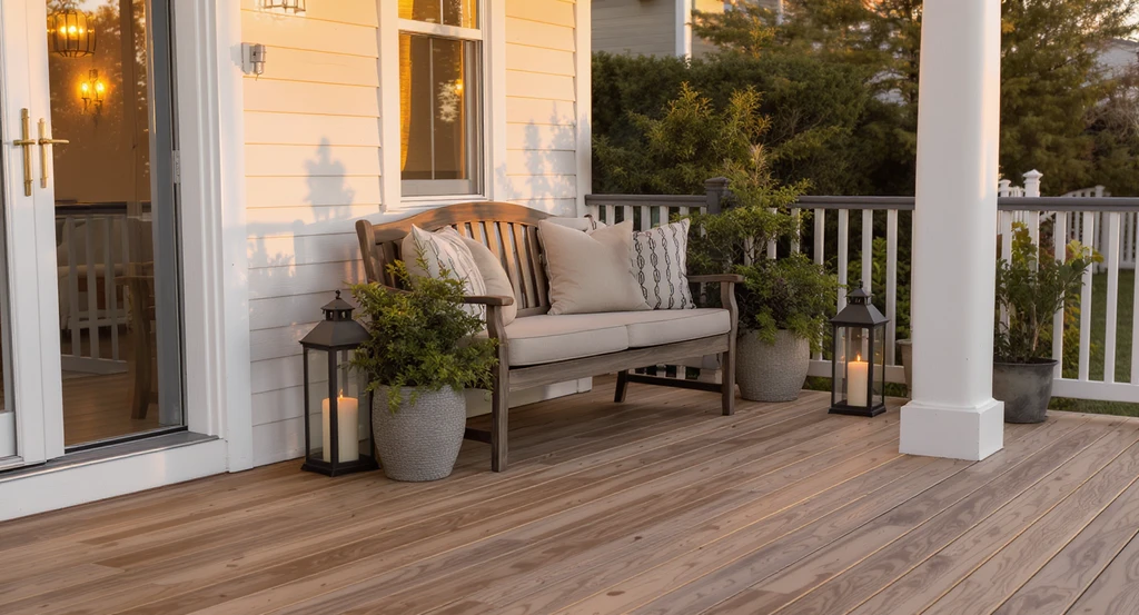 Expert staging in transitional outdoor spaces, featuring a styled porch corner with planters, lanterns, and bench, demonstrates how ai tools for staging forgotten spaces improve listing photos and transition area interior design.