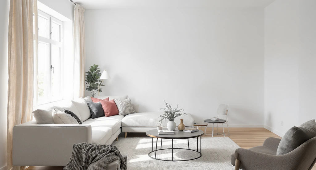 A photorealistic living room with minimalist decor shows a stark empty corner, demonstrating how empty spaces affect wellbeing and room design psychology.