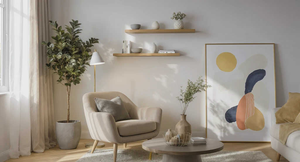 Minimalist living room corner with a tall indoor plant, floor lamp, accent chair, floating shelves, and large artwork creating a decluttered space. AI decor planner for minimalist interiors, the psychology of empty spaces, and how AI room design impacts minimalism are demonstrated here.