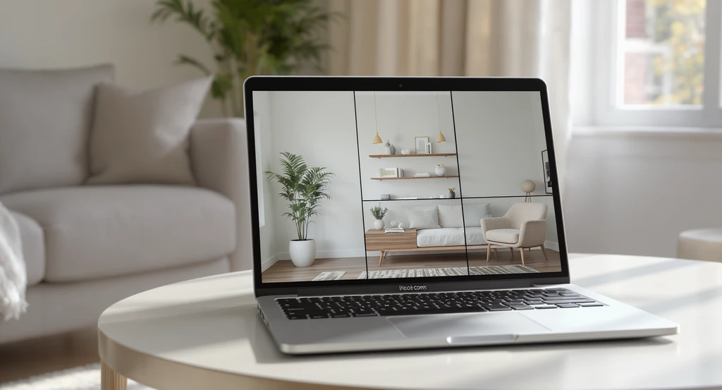 Photorealistic living room corner with a laptop showing AI room design visualizations—plant, shelves, chair, and empty space—promoting decluttered living and exploring how AI decor planners guide minimalist interior choices for wellbeing.