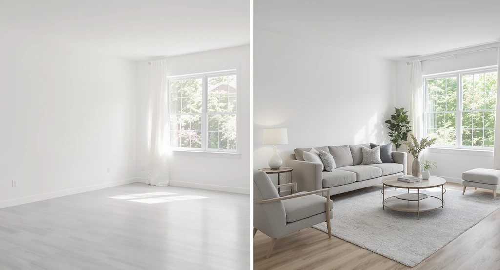 Virtually staged bright living room shows how home staging tips for summer listings and natural light improve why bright rooms sell homes faster.