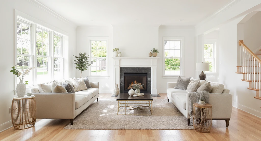 Bright living room staged with optimal furniture layout, using natural light to enhance space, illustrating home staging tips for summer listings.