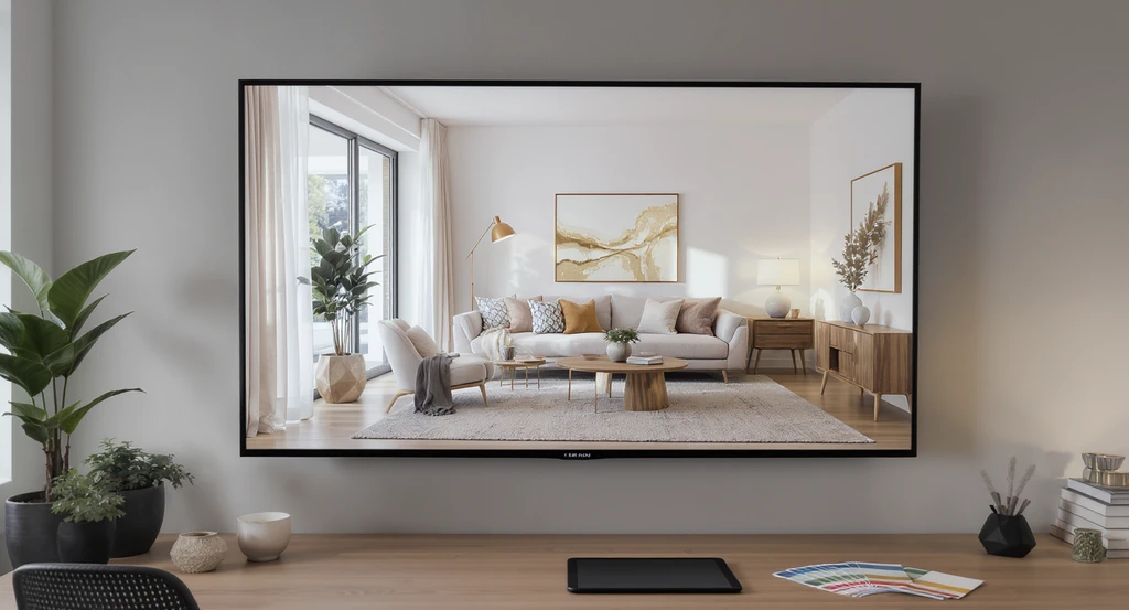 A realistic living room AI visualization on a screen in a modern workspace, with color swatches and a tablet showing how AI home staging makes listings feel real.