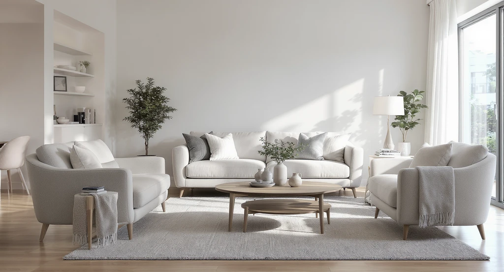 Modern living room with ai home staging, showing realistic, proportional furniture to answer silent buyer questions and make listings feel real.