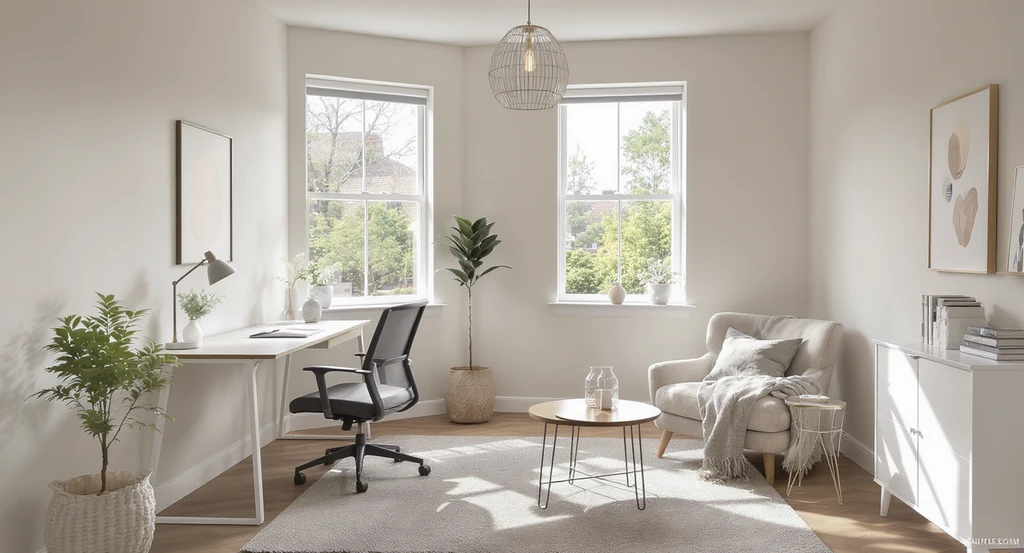 Photorealistic spare room staged as both a home office and reading nook, showing how AI home staging makes listings feel real for buyers.