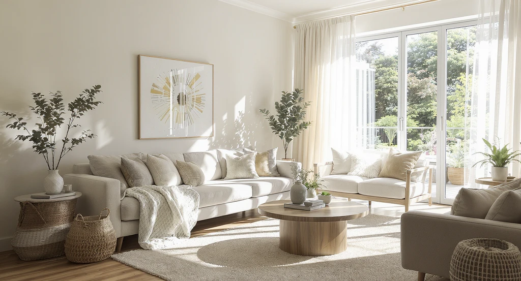 A sunlit living room staged for real estate, showing natural lighting on neutral décor, illustrating how ai visualization makes homes feel real and builds emotional connection.