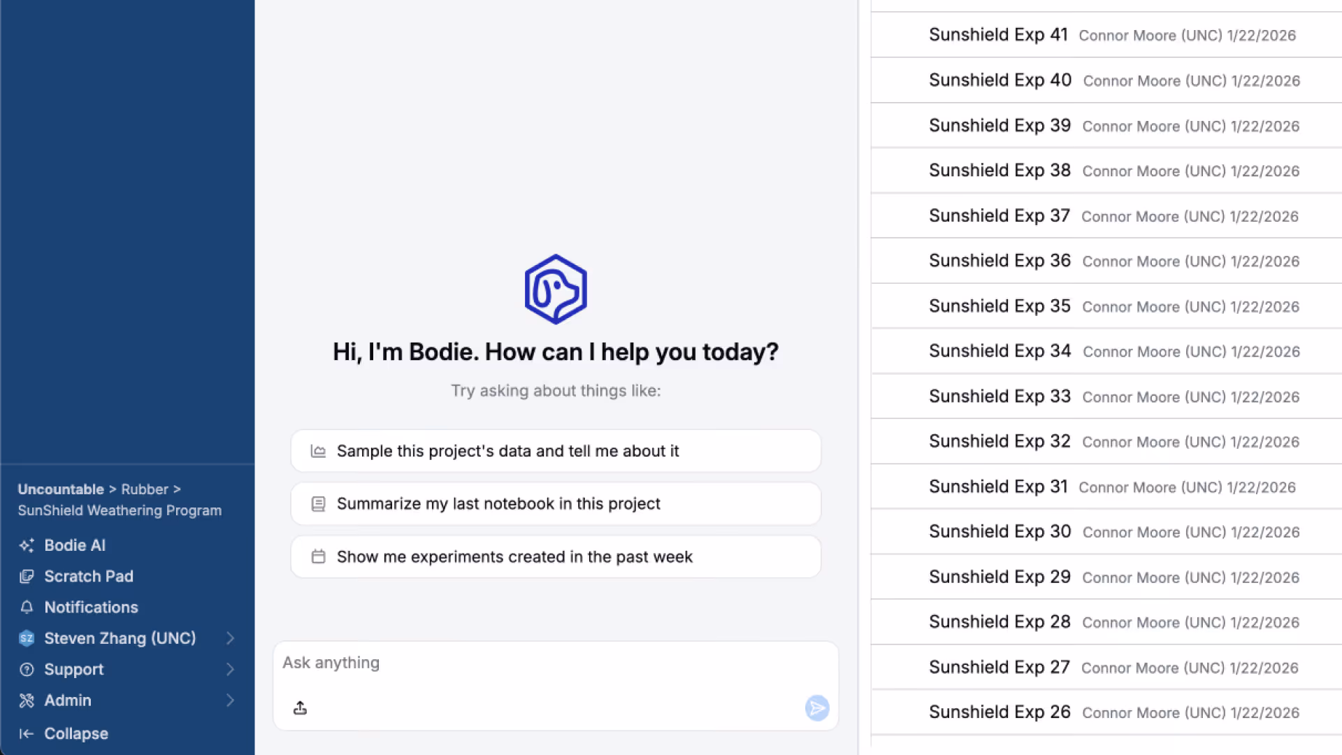 Bodie AI chatbot interface suggesting data queries, with a project list labeled Sunshield Exp and dates.