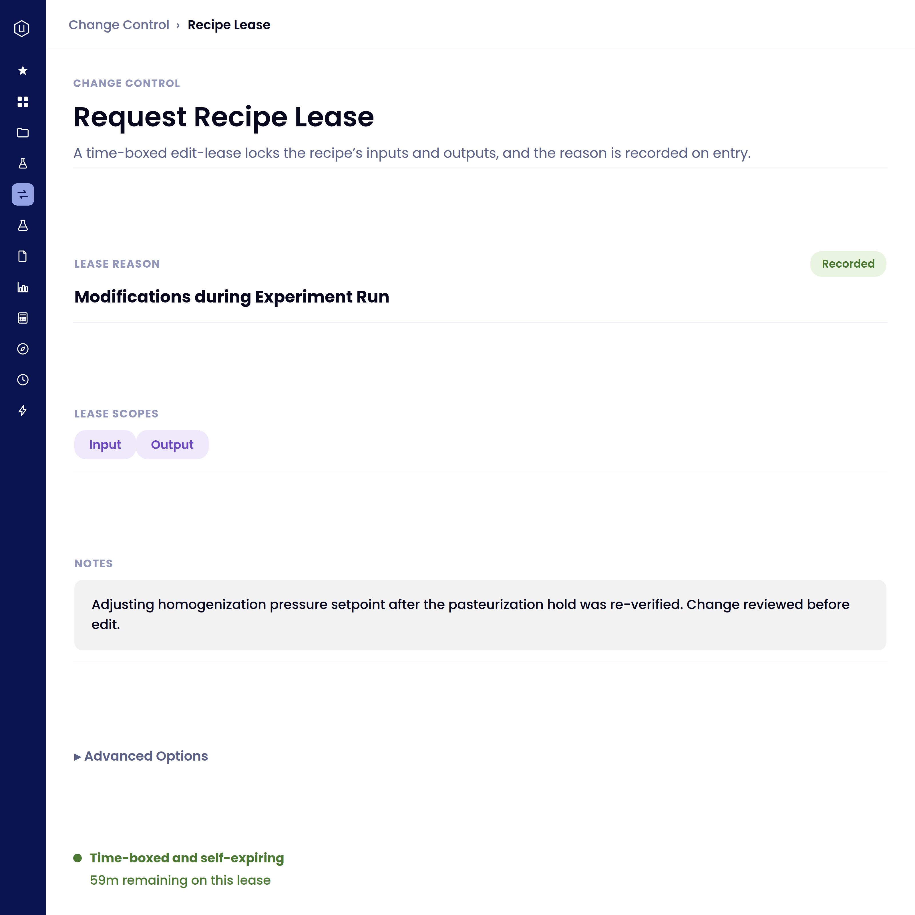 User interface for requesting a recipe lease in a change control system showing reason 'Modifications during Experiment Run', lease scopes 'Input' and 'Output', and a note about adjusting homogenization pressure setpoint after re-verification of pasteurization hold. A green label indicates the lease is recorded, with a message about 59 minutes remaining on this time-boxed and self-expiring lease.