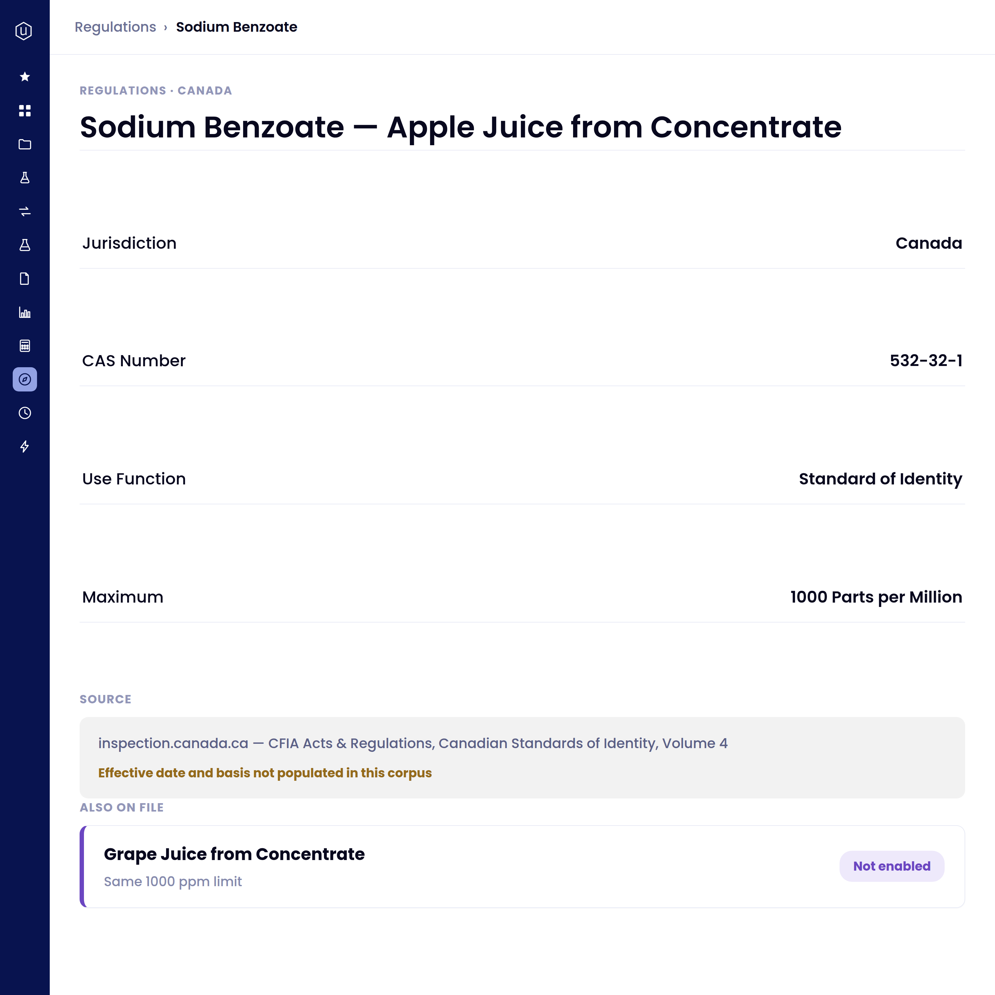Regulatory details for Sodium Benzoate in apple juice from concentrate in Canada, showing jurisdiction as Canada, CAS Number 532-32-1, use function as standard of identity, and maximum allowed concentration of 1000 parts per million, sourced from Canadian Standards of Identity, Volume 4, with a related file for Grape Juice from Concentrate having the same 1000 ppm limit.