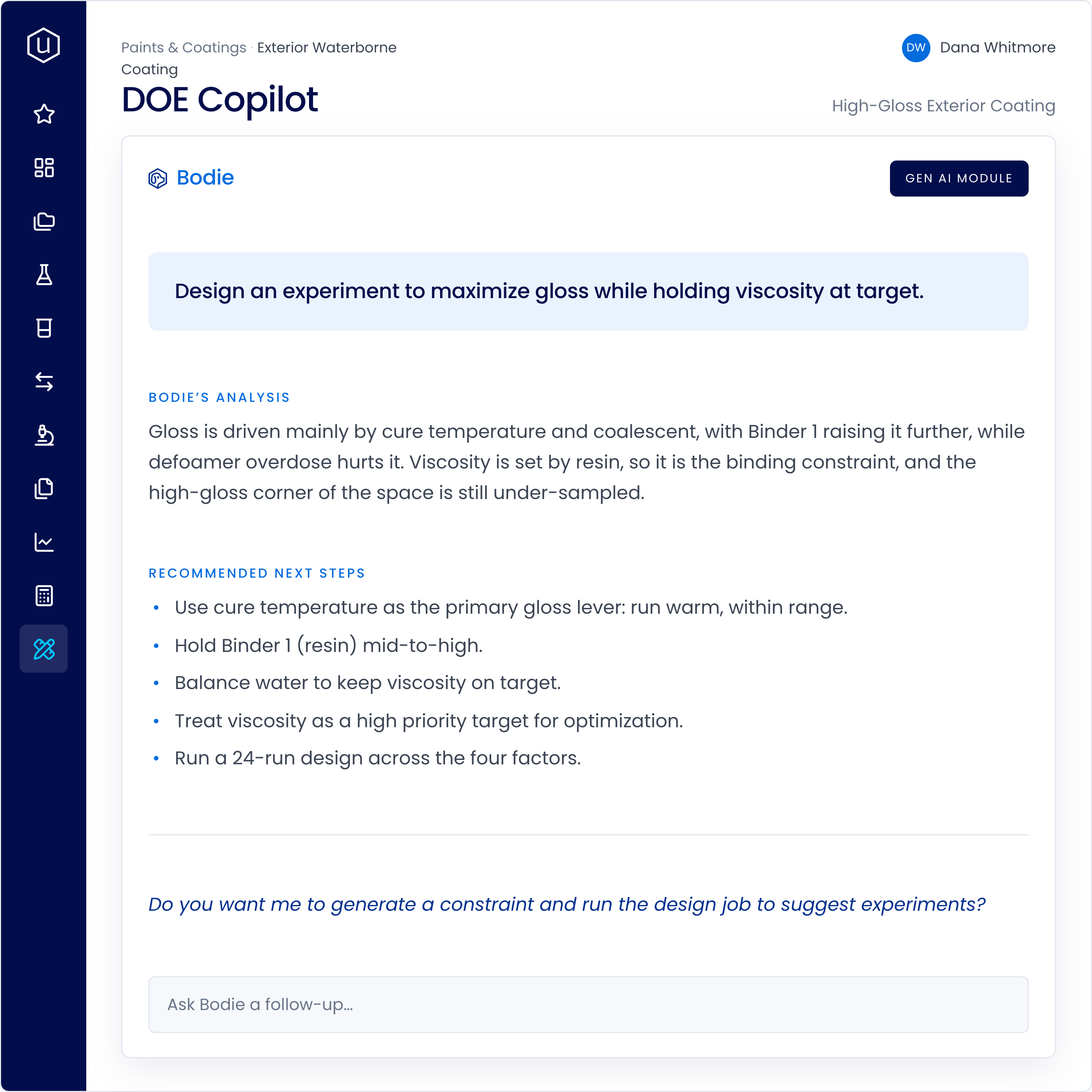 Screenshot of DOE Copilot interface showing advice from Bodie for designing an experiment to maximize gloss while holding viscosity at target, including analysis and recommended next steps like adjusting cure temperature, Binder 1 resin level, and balancing water.
