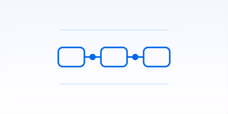 Diagram with three blue rounded rectangles connected in a horizontal line by two smaller blue circles, all enclosed by two horizontal blue lines above and below.
