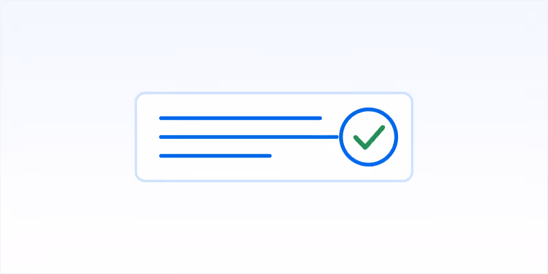 Interface element showing three horizontal blue lines aligned left with a green checkmark inside a blue circle on the right, indicating completion or confirmation.