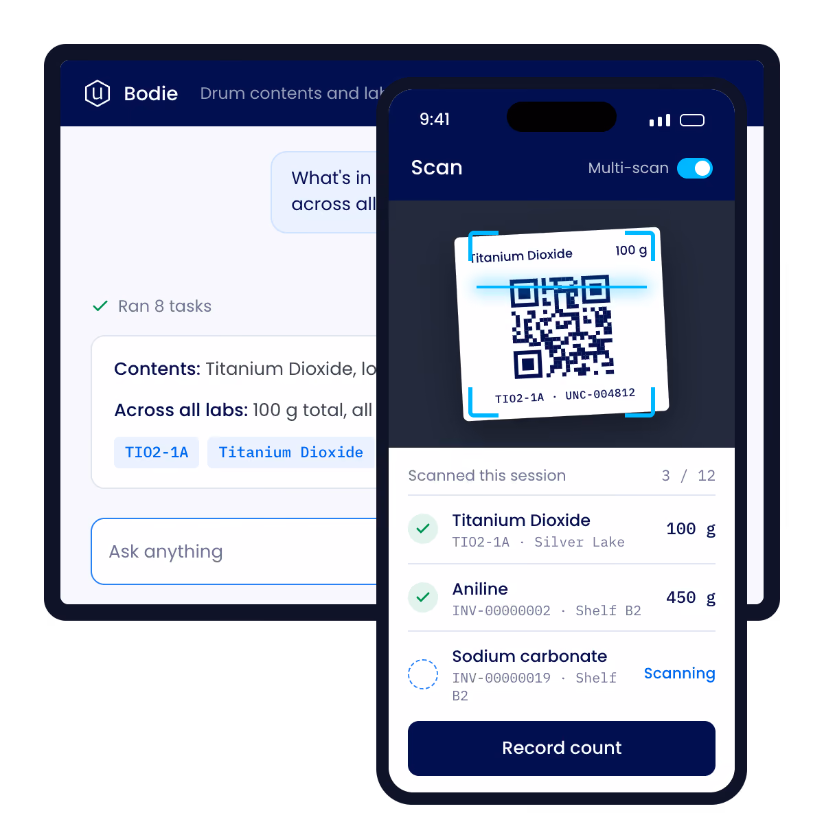 Mobile app interface showing chemical inventory scanning with a QR code for Titanium Dioxide labeled 100 g being scanned, a list of scanned items including Titanium Dioxide, Aniline, and Sodium carbonate with their quantities and shelf locations, and an option to record the count.
