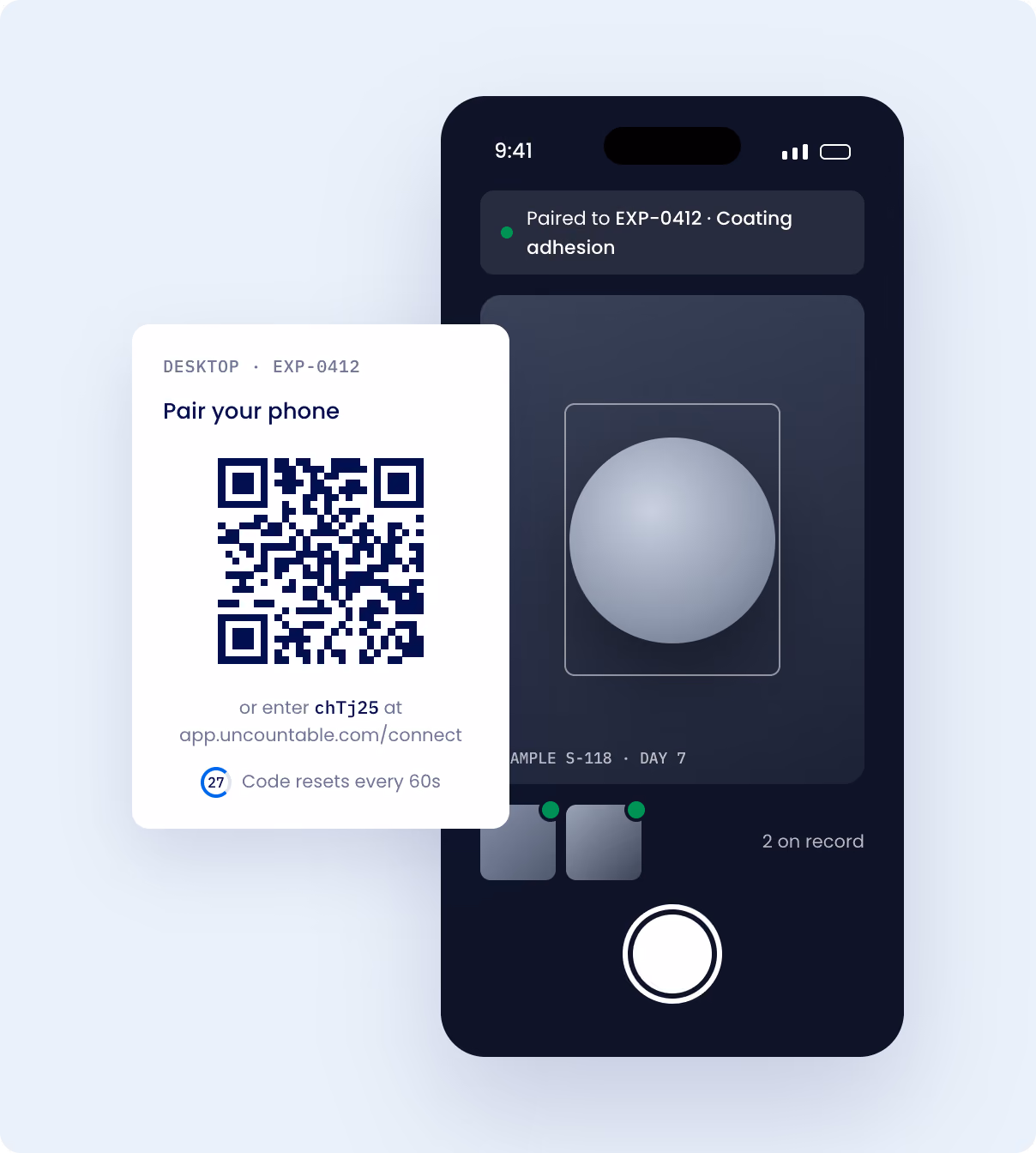 Smartphone screen showing an app interface with a central gray sphere, paired to EXP-0412 with coating adhesion status; next to the phone, a white box displays a QR code for pairing the phone or entering code chTj25 at app.uncountable.com/connect, with a note that the code resets every 60 seconds.