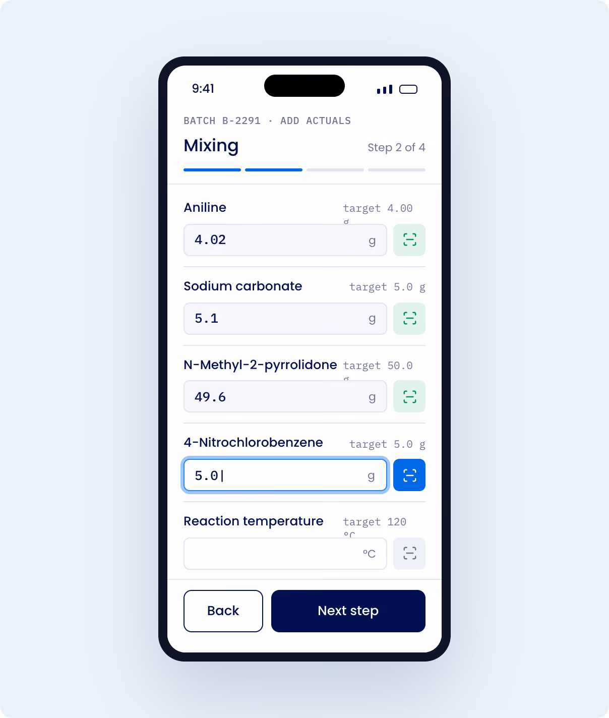 Mobile app interface showing step 2 of 4 in a mixing process for a chemical batch B-2291 with fields for Aniline, Sodium carbonate, N-Methyl-2-pyrrolidone, 4-Nitrochlorobenzene weights in grams, and reaction temperature in Celsius. The values entered are 4.02 g Aniline, 5.1 g Sodium carbonate, 49.6 g N-Methyl-2-pyrrolidone, 5.0 g 4-Nitrochlorobenzene, with a blank field for reaction temperature. Buttons labeled Back and Next step are at the bottom.