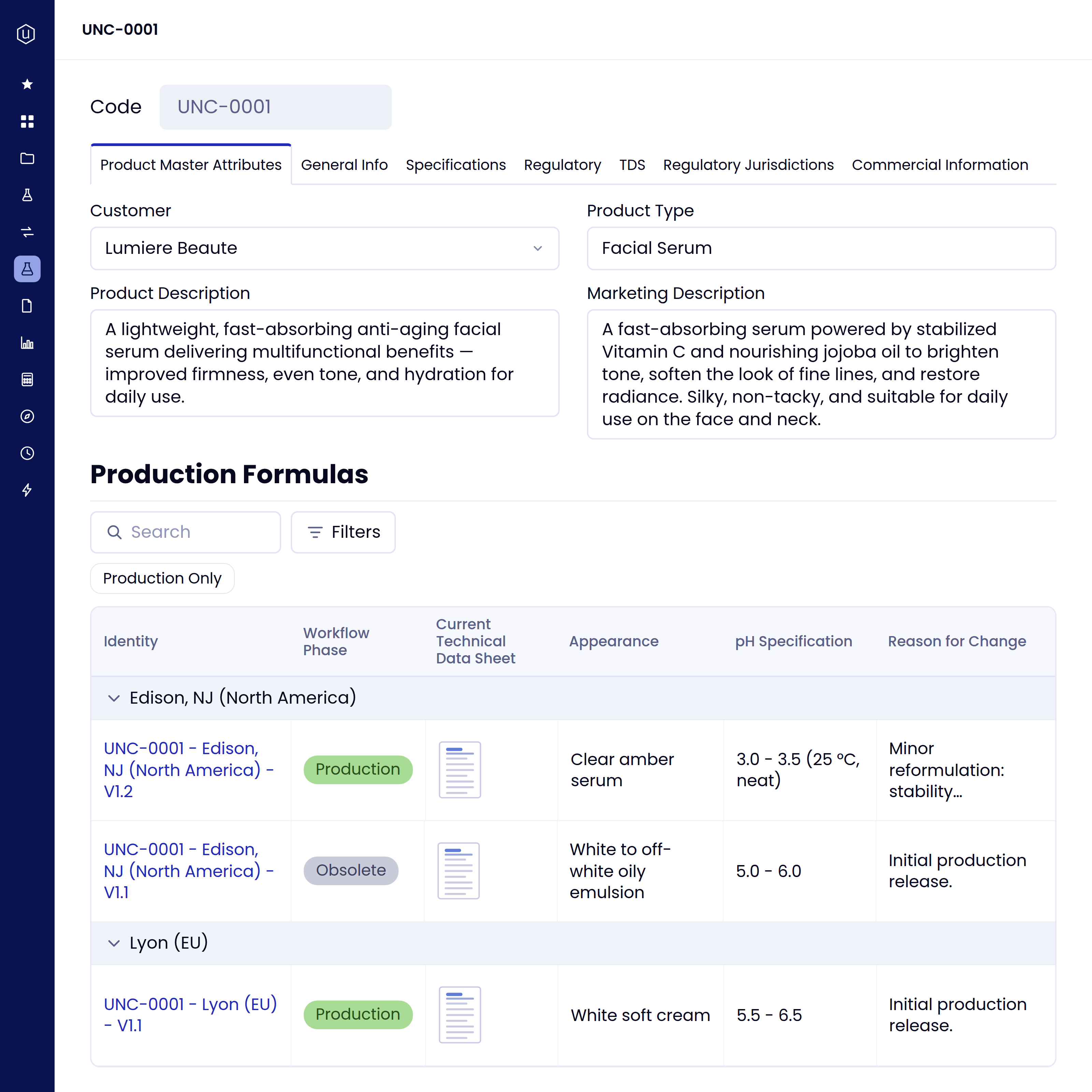 User interface showing product master attributes for code UNC-0001. Customer is Lumiere Beaute; product type is Facial Serum. Product description highlights a lightweight, fast-absorbing anti-aging serum for improved firmness, even tone, and hydration. Marketing description mentions a serum with stabilized Vitamin C and jojoba oil to brighten tone, soften fine lines, and restore radiance, suitable for daily use on face and neck. A table labeled Production Formulas lists formulas by location: Edison, NJ (North America) with versions V1.2 in production (clear amber serum, pH 3.0-3.5) and V1.1 obsolete (white to off-white oily emulsion, pH 5.0-6.0), and Lyon (EU) V1.1 in production (white soft cream, pH 5.5-6.5).