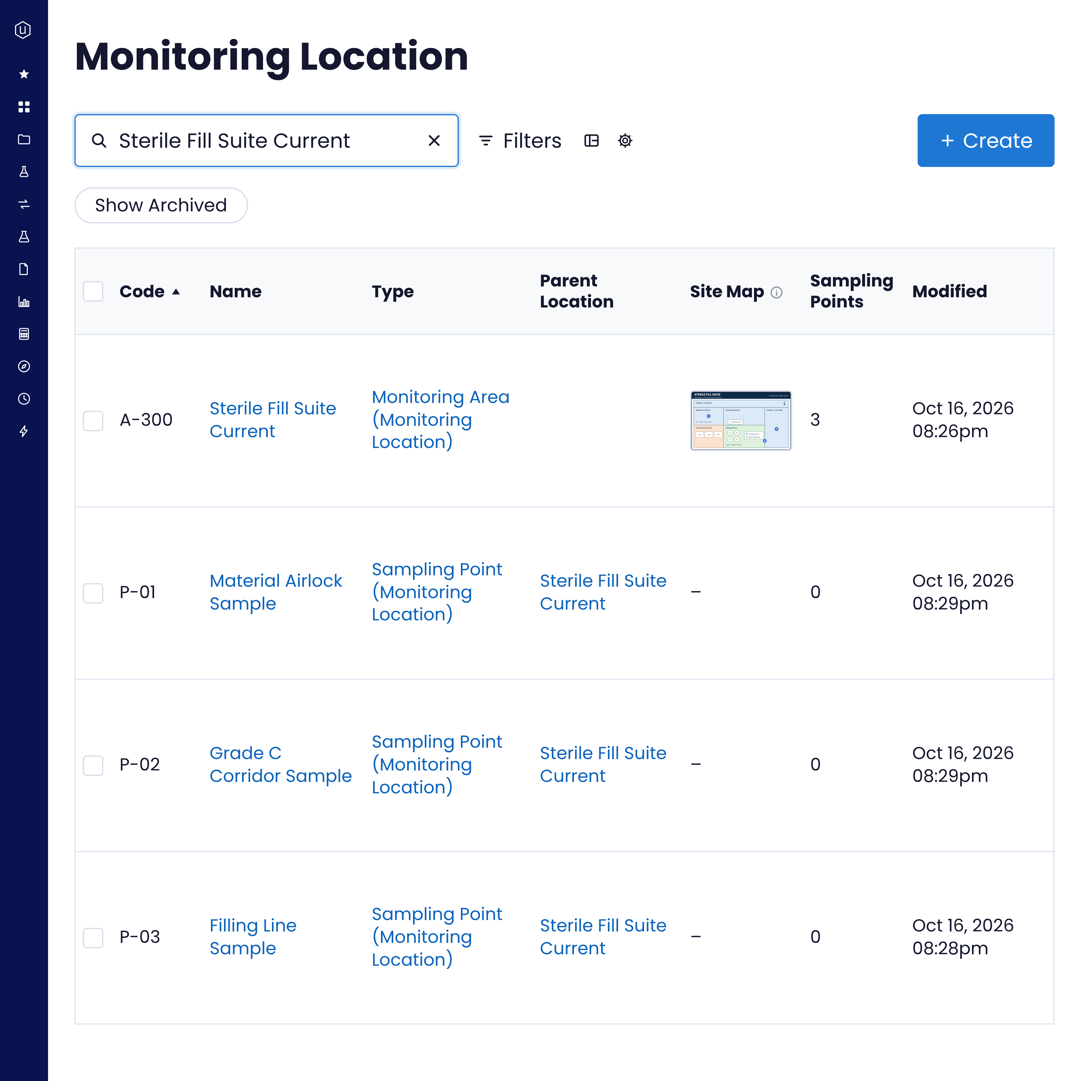 List of monitoring locations showing a sterile fill suite area and its three sampling points