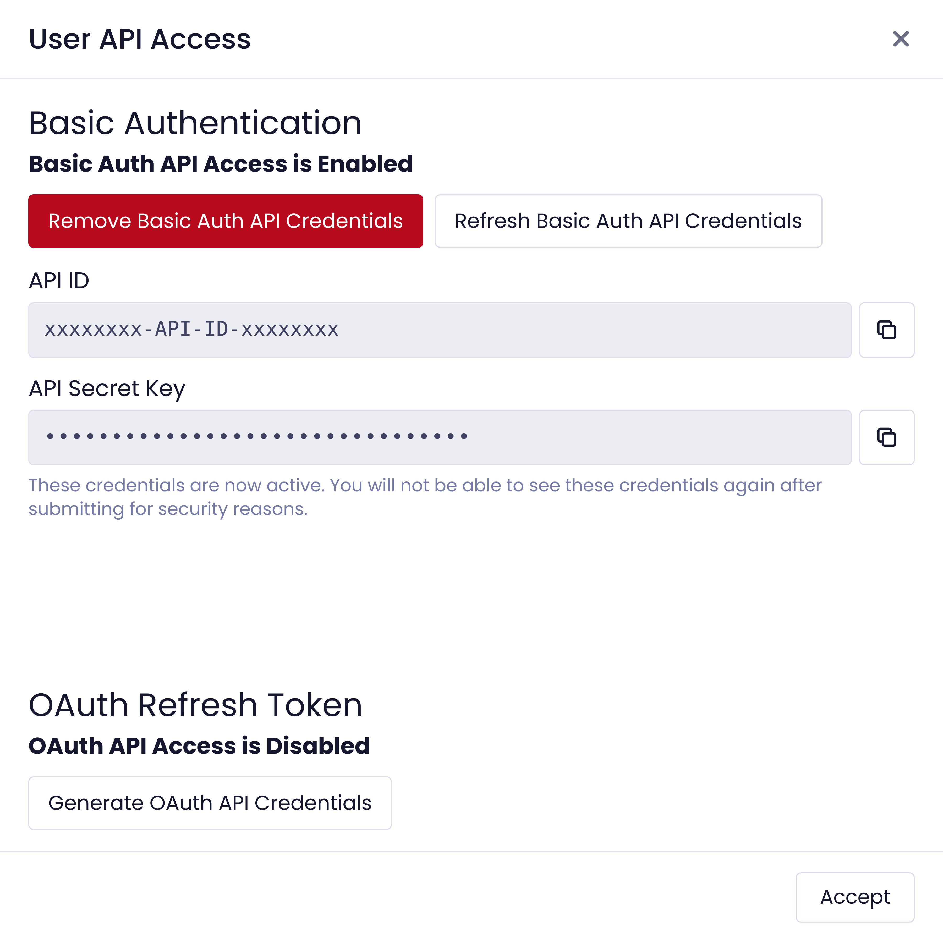 Uncountable User API Access dialog with API ID and secret credentials and an option to generate OAuth credentials