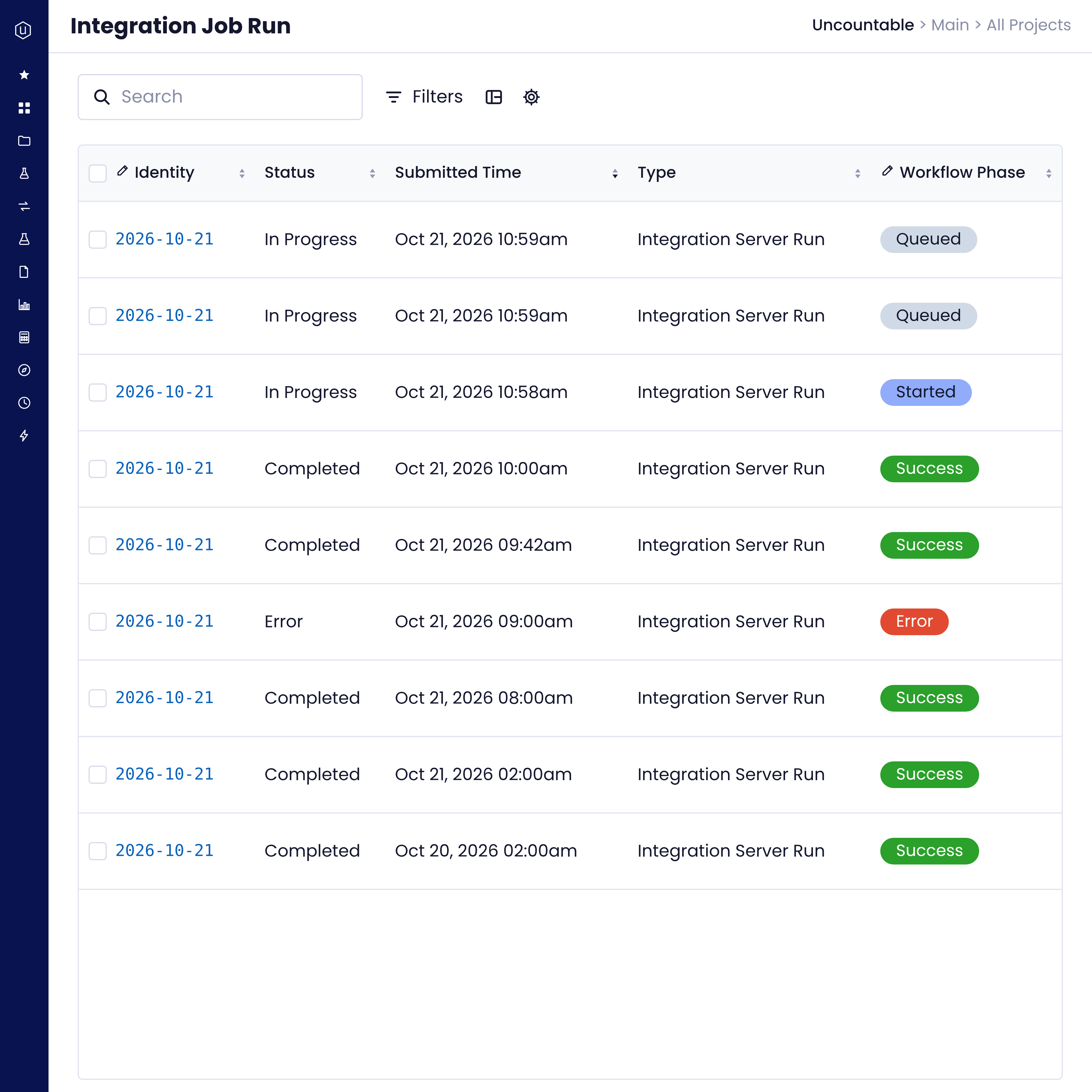 Uncountable Integration Job Run table showing integration server runs that are queued, started, successful and in error