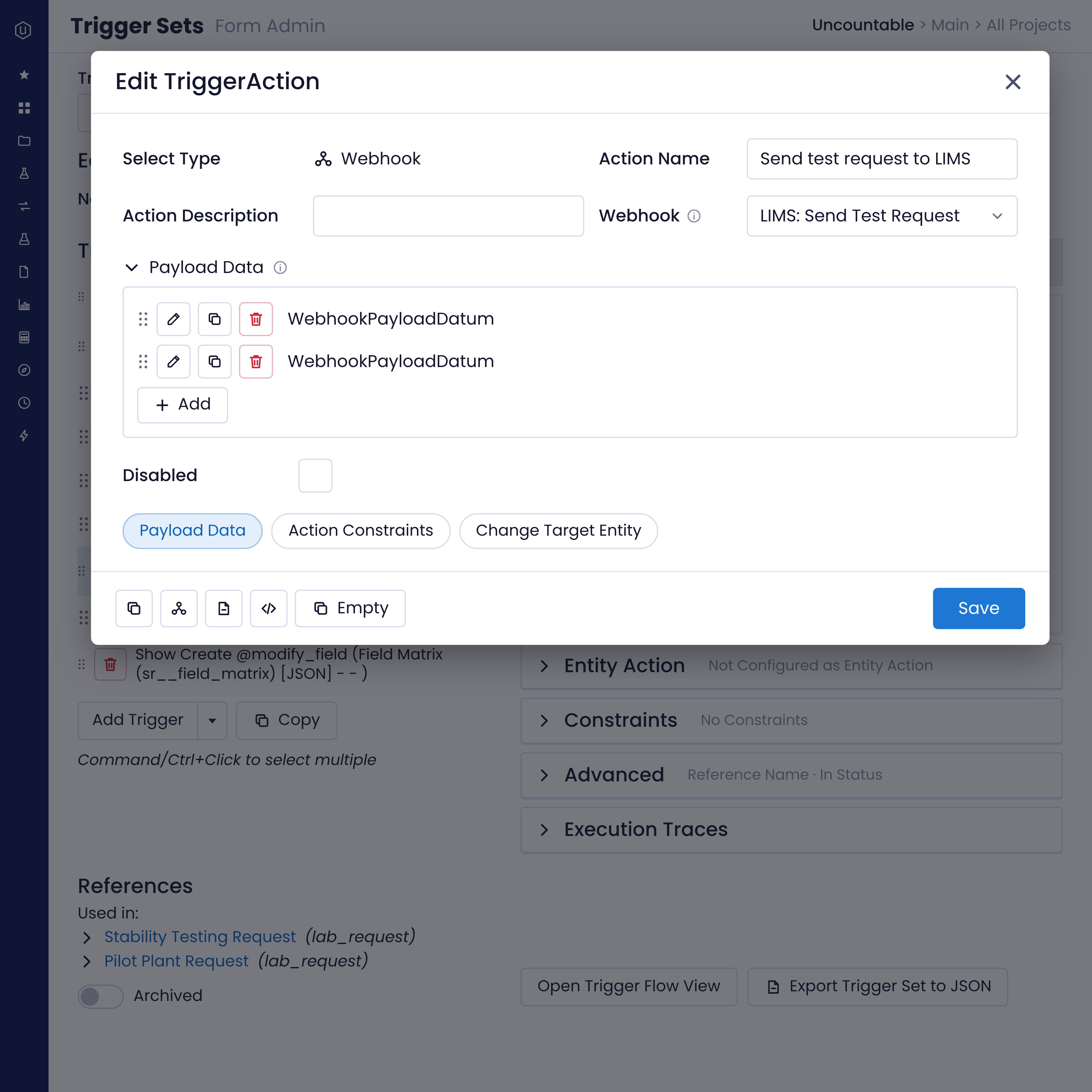 Uncountable trigger action editor configuring a webhook that sends a test request to a LIMS