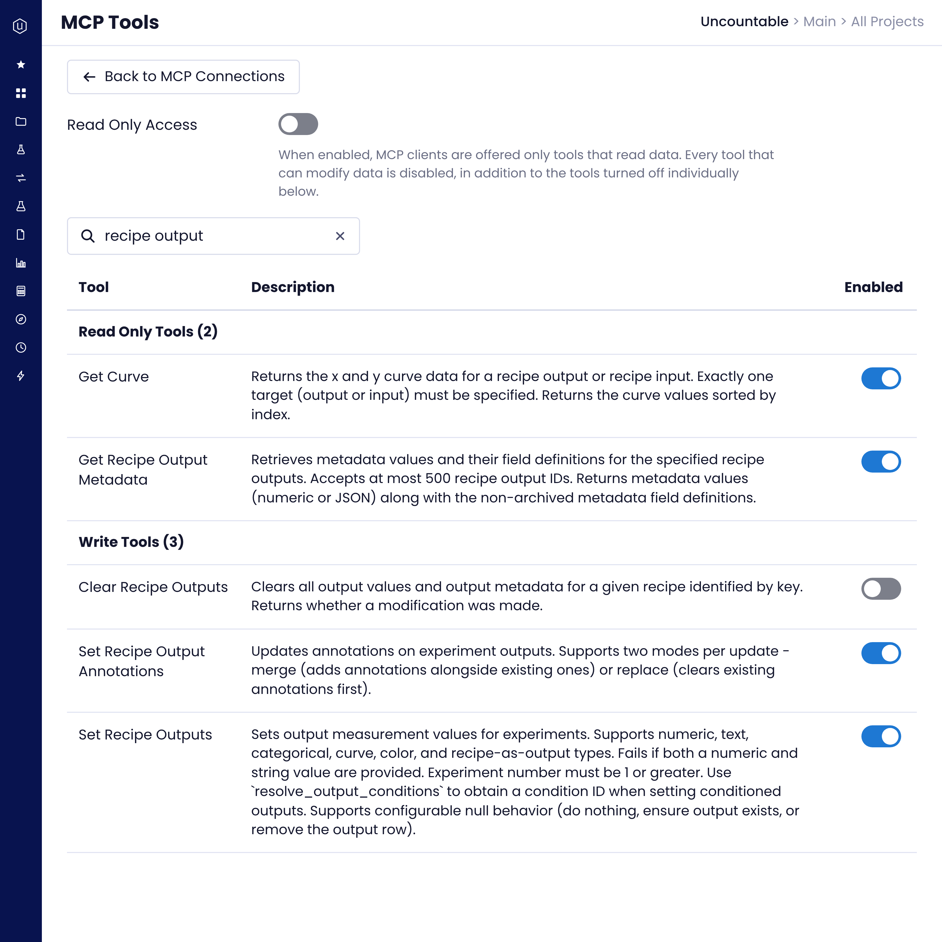 Uncountable MCP Tools settings with a read-only access toggle and individual read and write tools switched on or off
