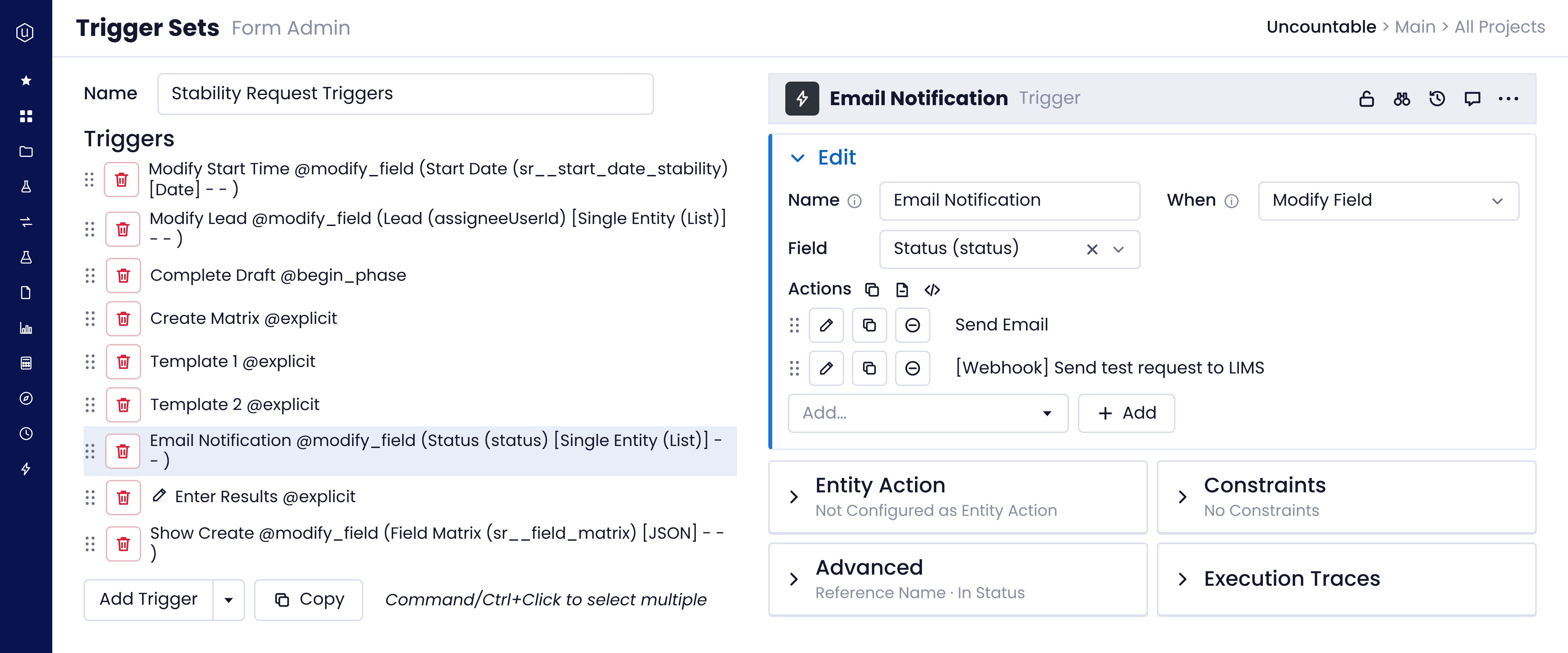 Uncountable trigger set editor showing a status-change trigger that sends an email and a webhook to a LIMS