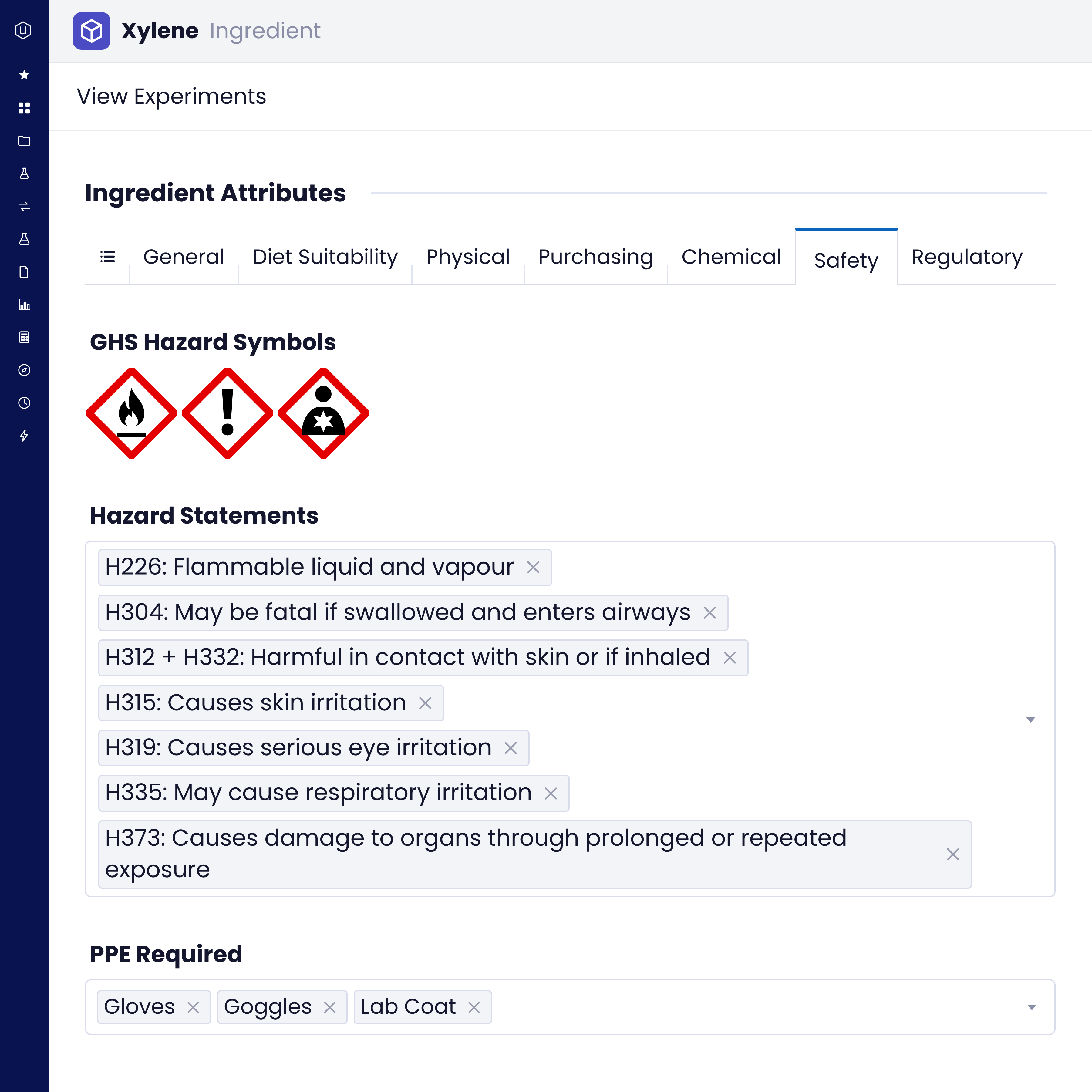 Safety attributes for the ingredient xylene in Uncountable, showing flame, exclamation mark and health hazard GHS pictograms, H-statements such as H226 and H304, and required PPE of gloves, goggles and lab coat