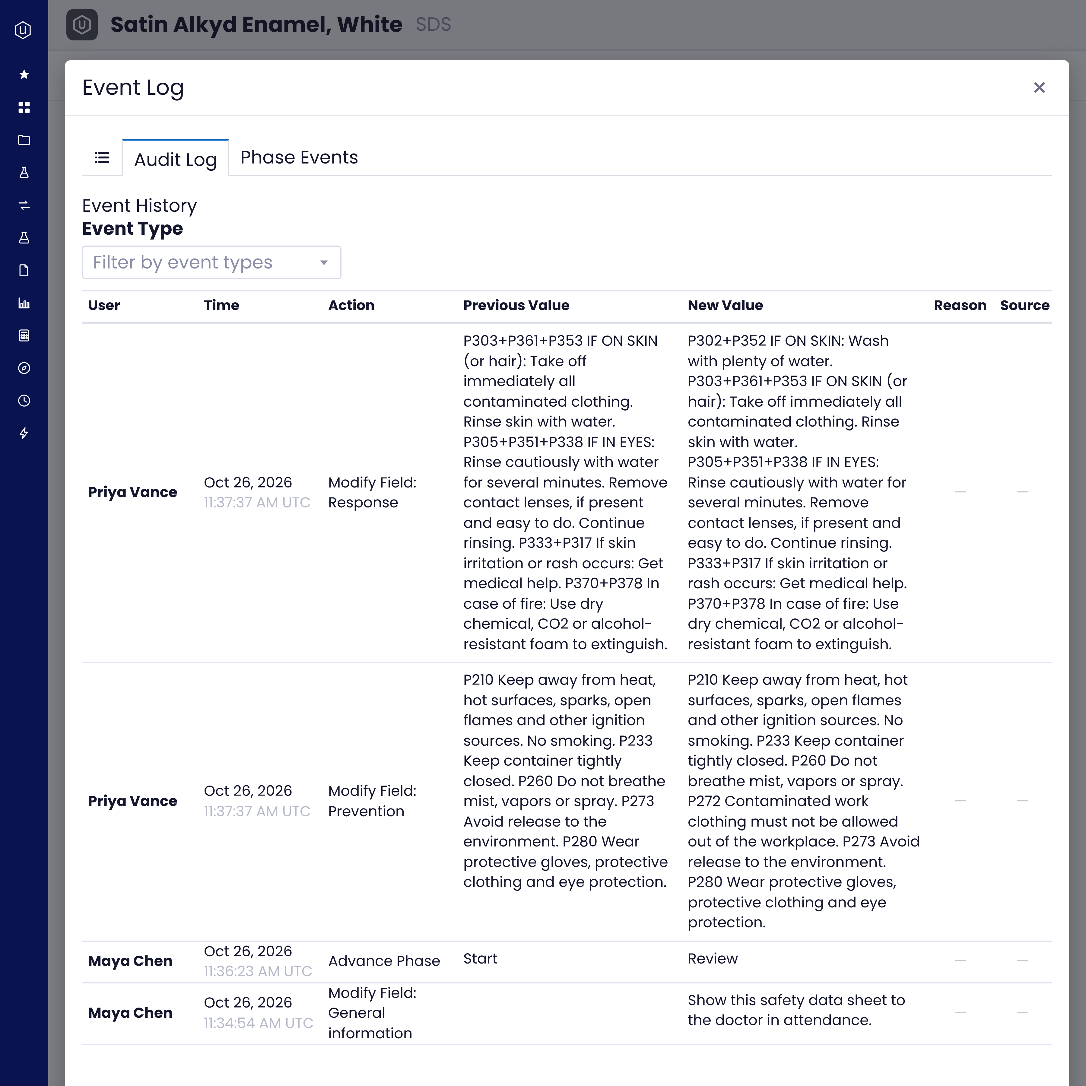 Audit log for an Uncountable SDS record showing who changed which field and when, with previous and new values for precautionary statements and the phase change from Start to Review