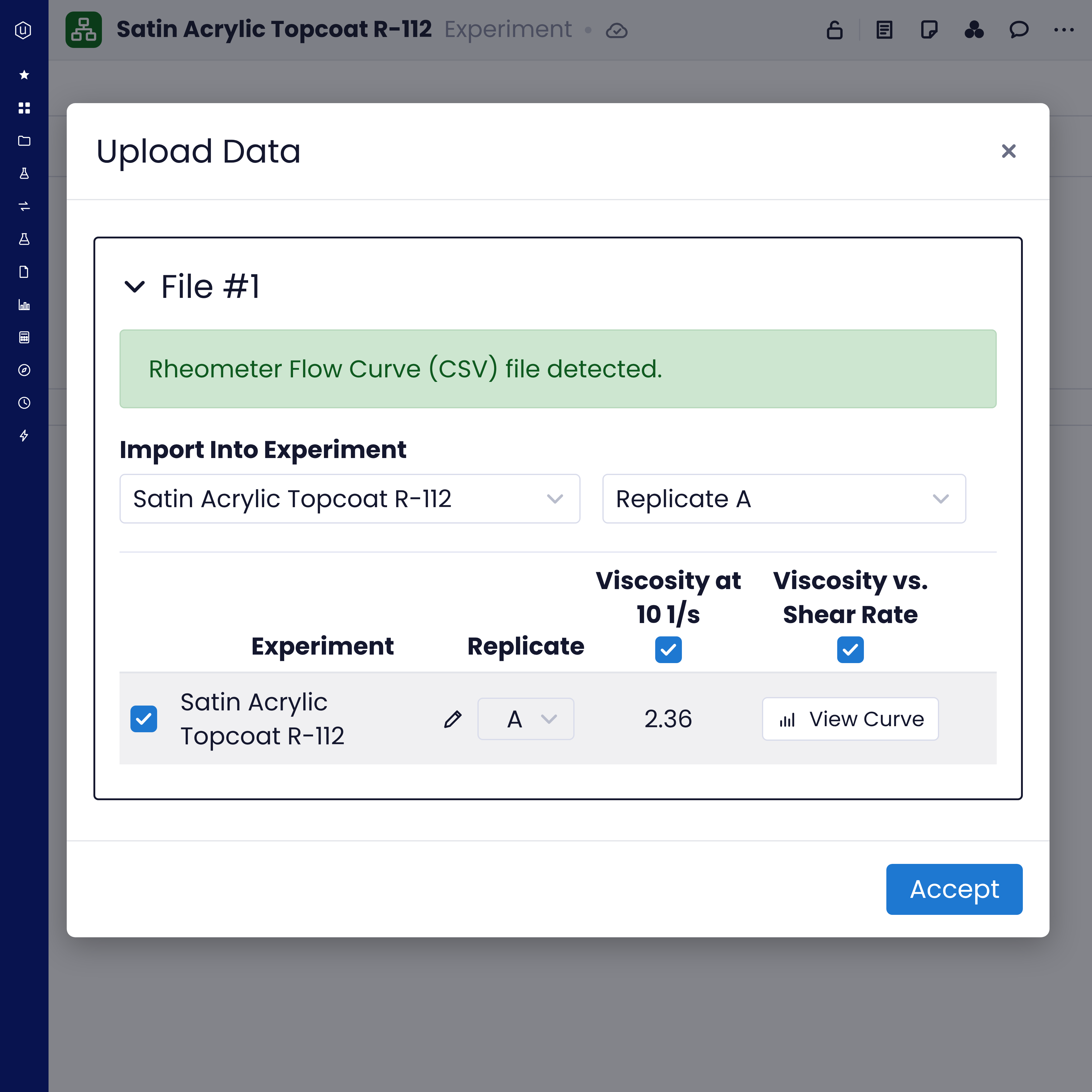 Upload Data dialog in Uncountable on experiment Satin Acrylic Topcoat R-112, detecting a rheometer flow curve CSV and importing viscosity at 10 1/s and the viscosity vs. shear rate curve into replicate A