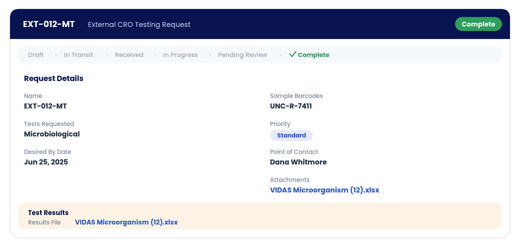 Screenshot of a completed external testing request in Uncountable (EXT-012-MT), showing the workflow tracker from Draft to Complete, structured request details, and an attached results file.