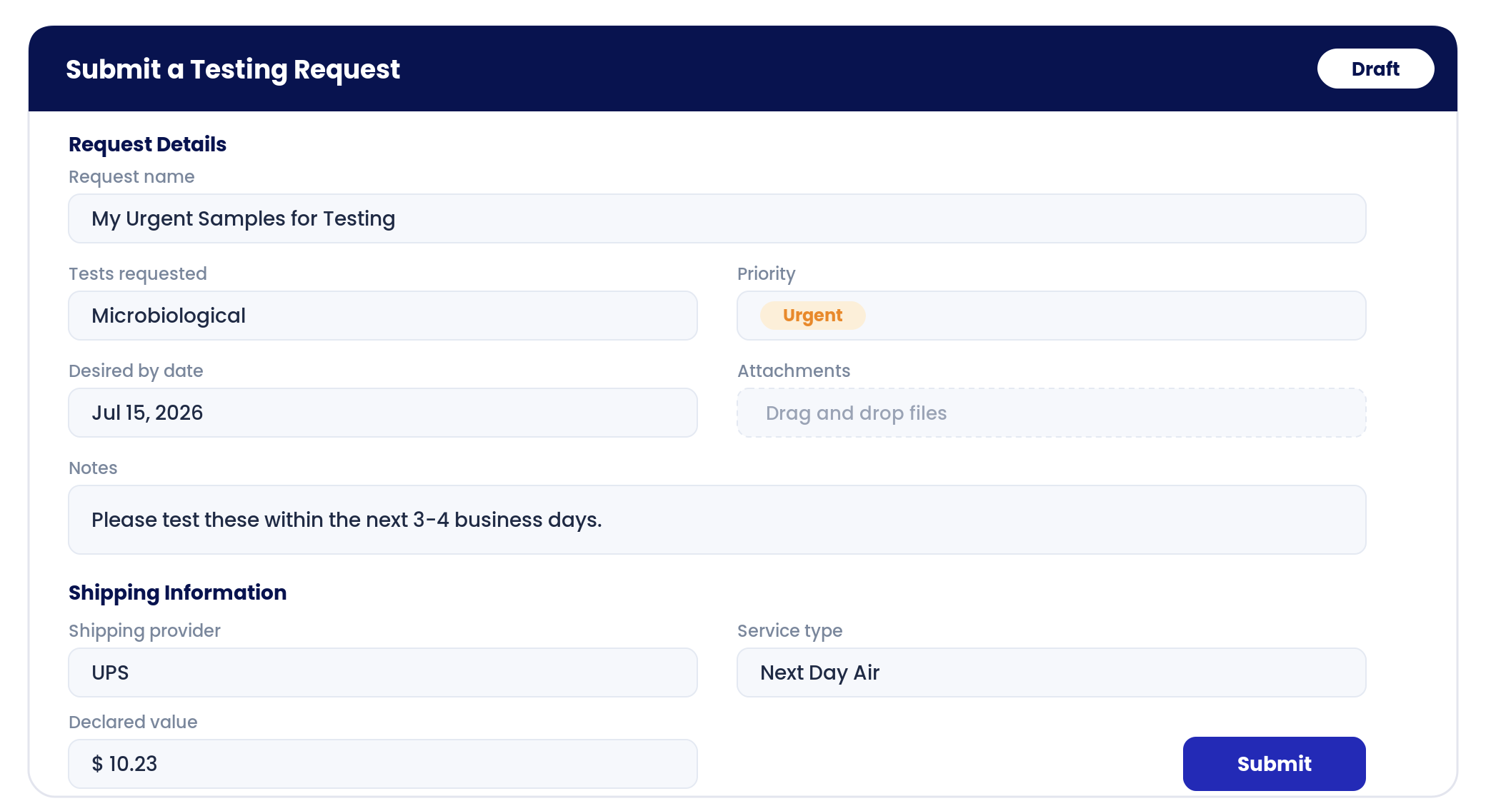 Screenshot of the Uncountable External Testing Requests table listing 22 requests with identity, tests requested, priority, created date, and workflow phase.