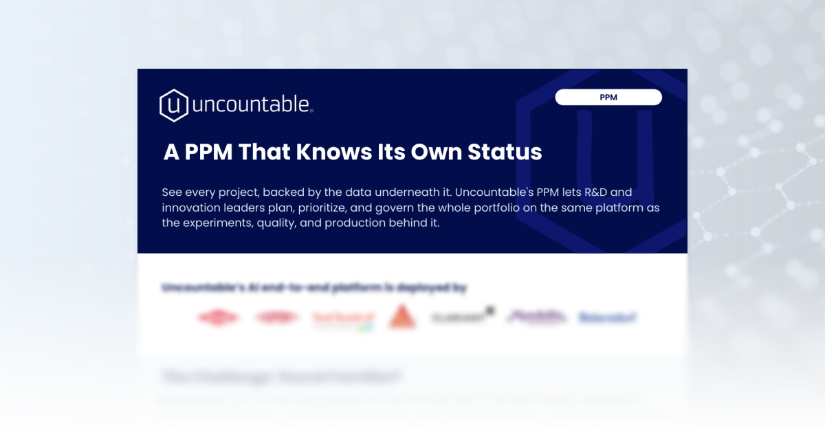 Screenshot of the Uncountable PPM portfolio homepage, showing active projects by workflow phase, upcoming gate reviews, and capacity by lab.