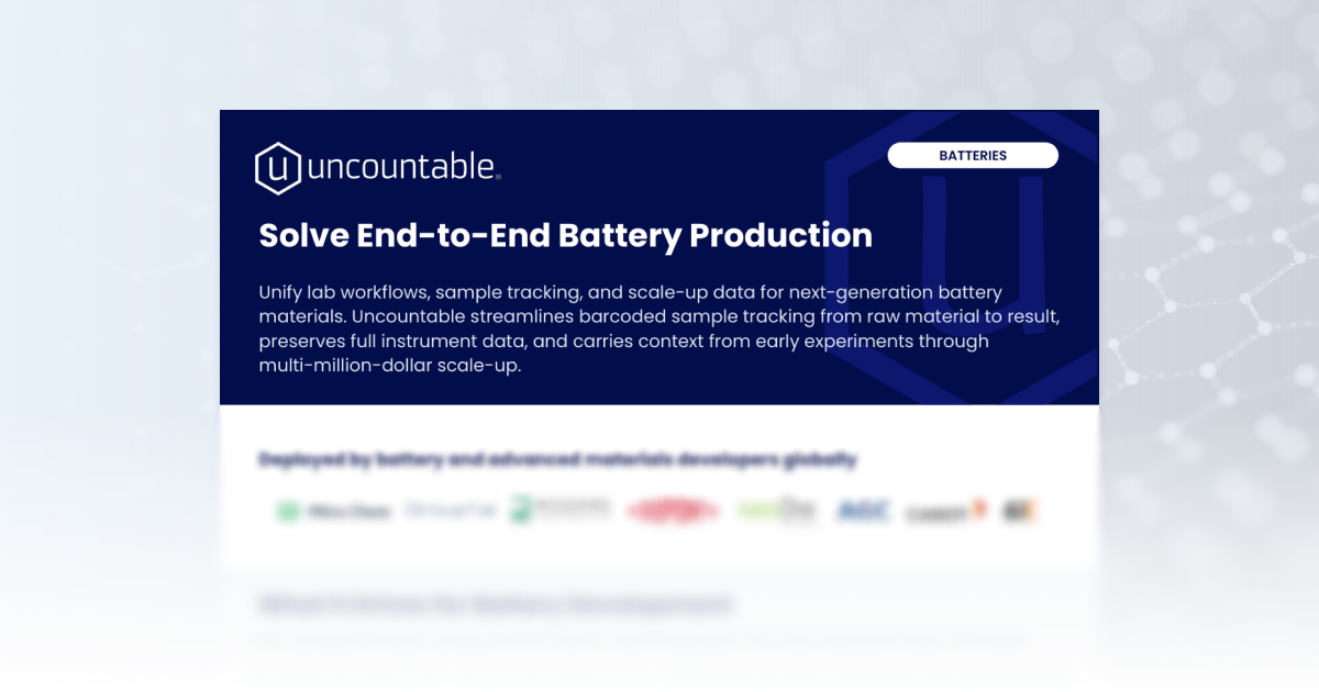 Uncountable Solution Guide hero banner for Batteries: dark navy background with hexagon logo watermark and the headline "Solve End-to-End Battery Production."