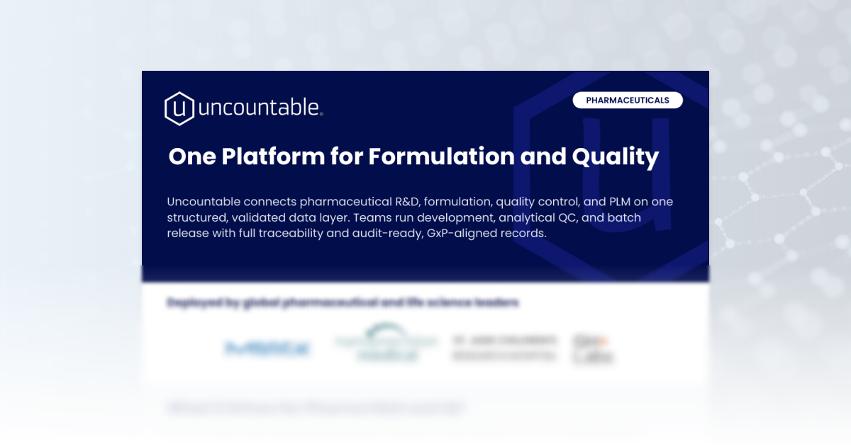 Screenshot of the Uncountable platform showing a drug-product formulation record with recipe, process parameters, and QC release testing results for assay, impurities, dissolution, and content uniformity.