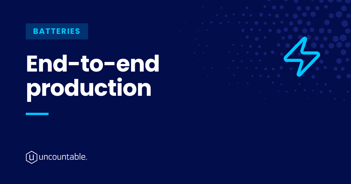 Uncountable Solution Guide hero banner for Batteries: dark navy background with hexagon logo watermark and the headline "Solve End-to-End Battery Production."