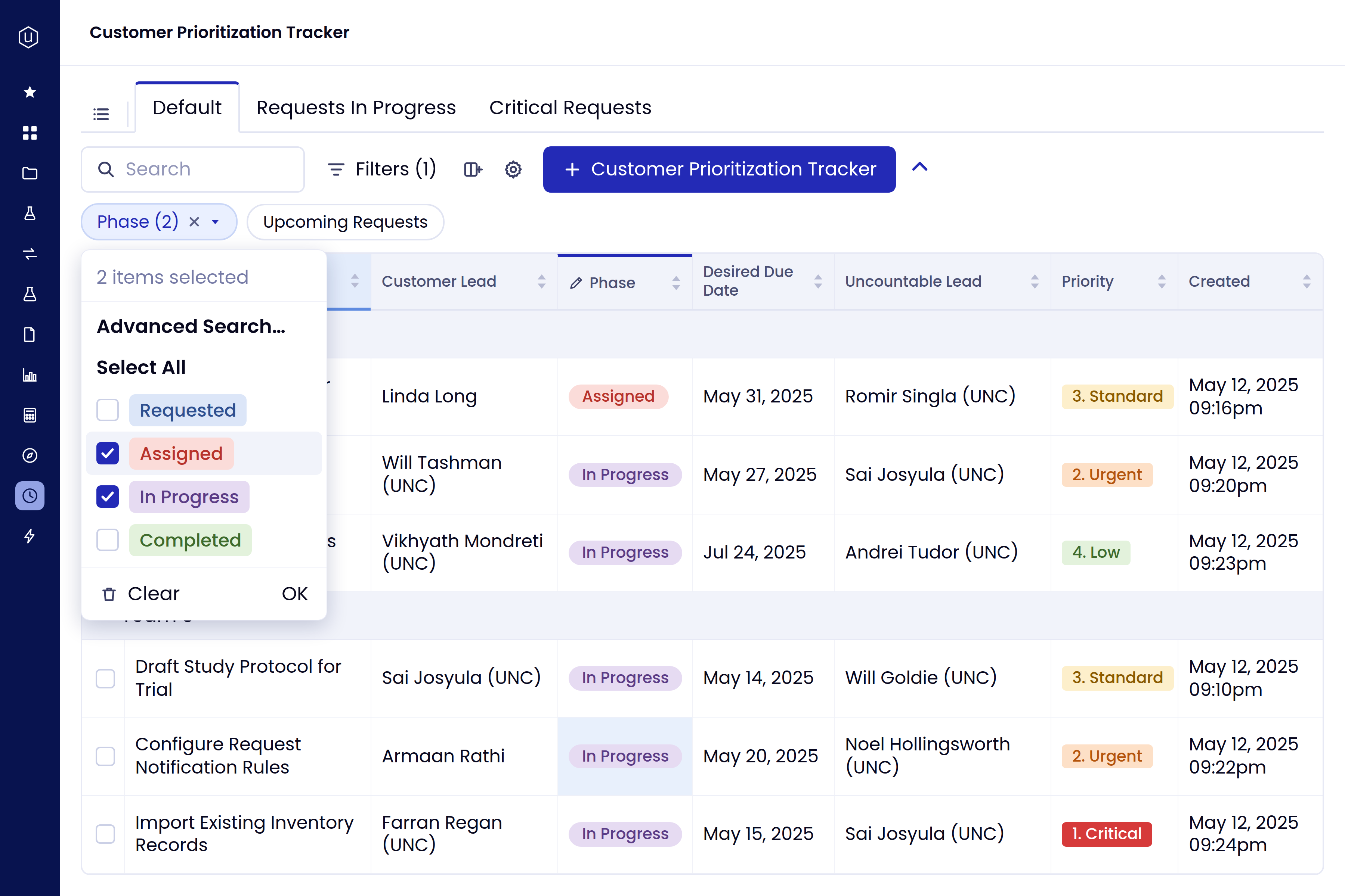 A quick filter narrows the list to requests that are assigned or in progress.