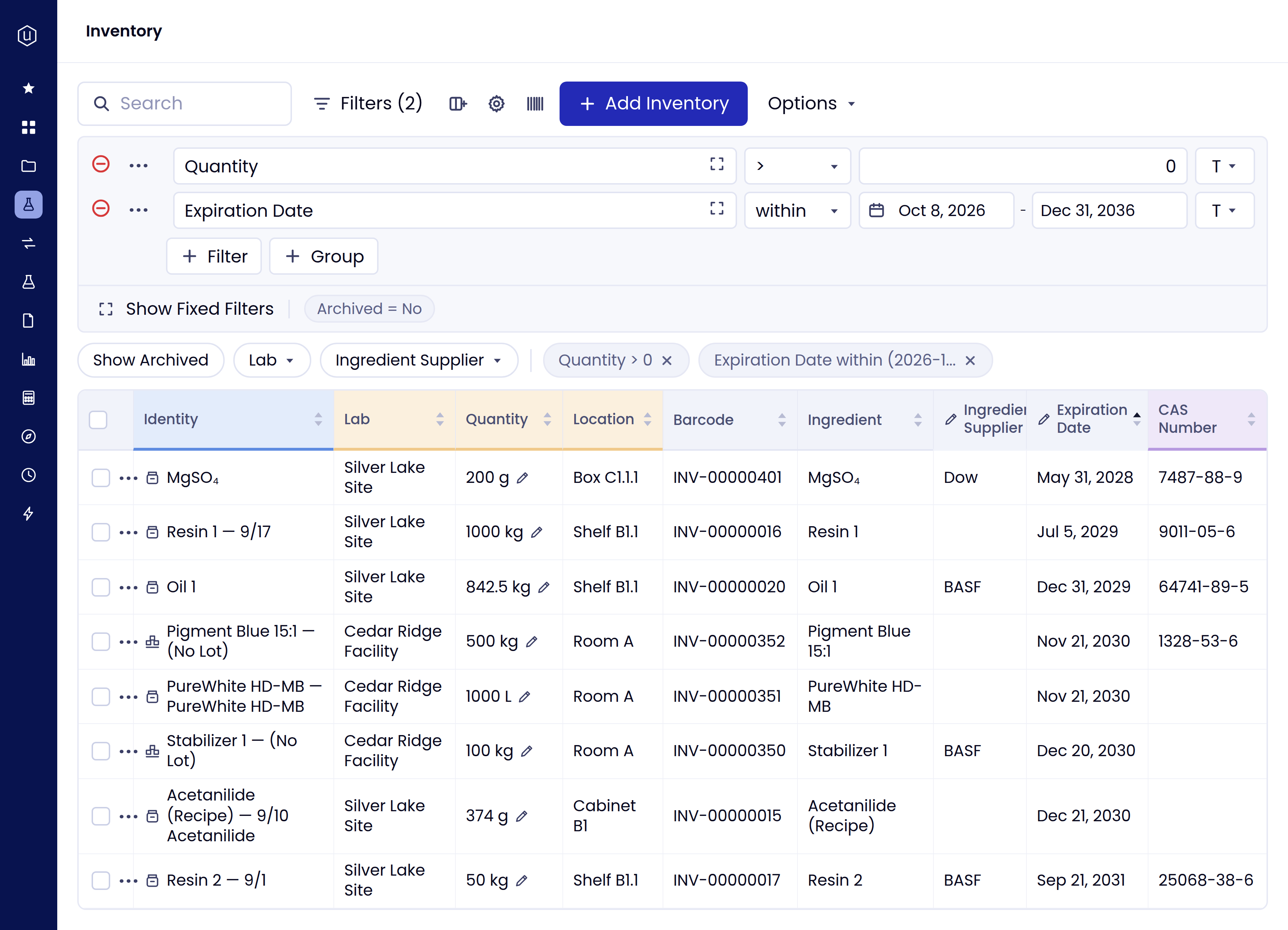 Inventory with grouped column headers, filtered to lots that expire within a date range and sorted soonest first.