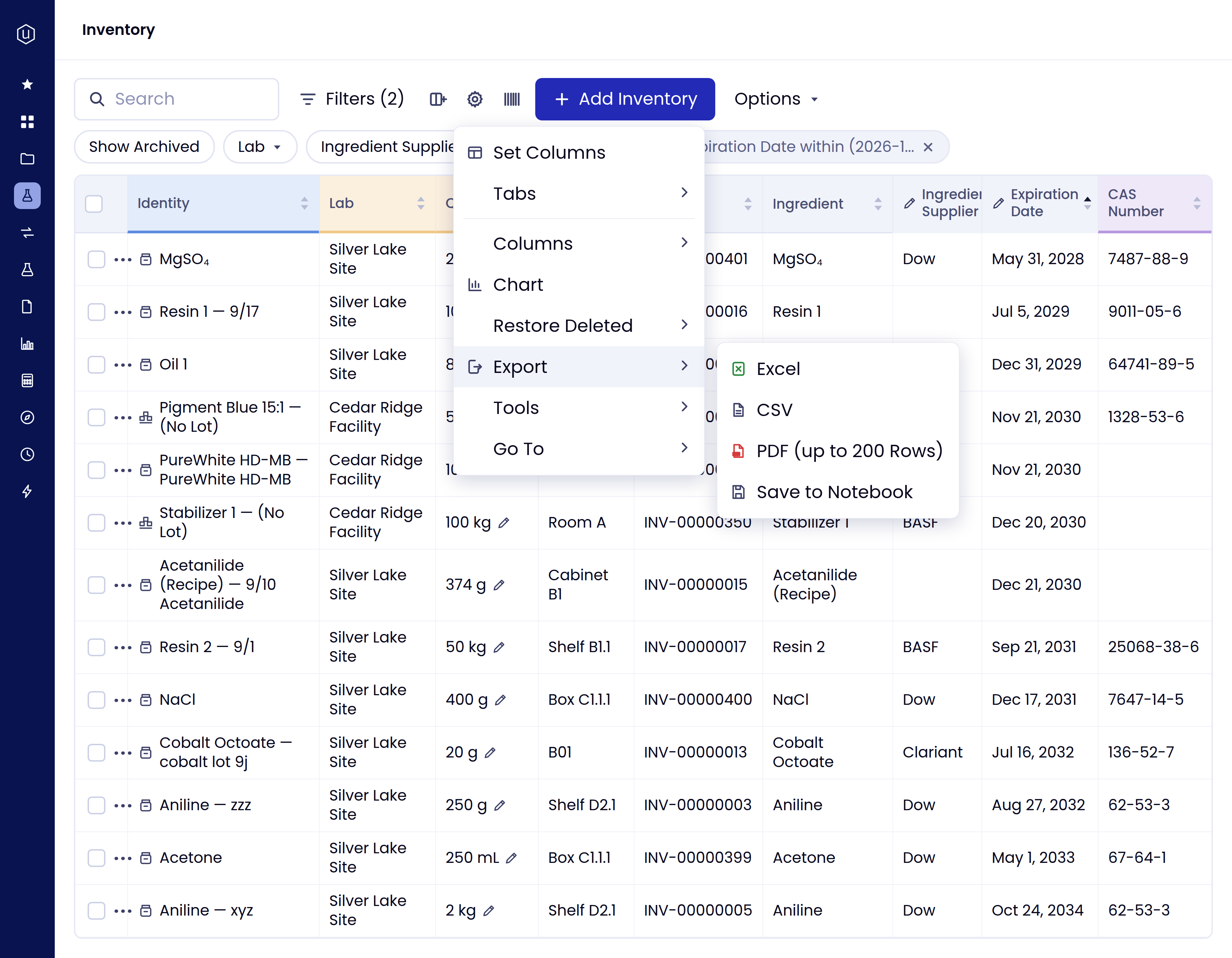 Export a configured view to Excel, CSV, or PDF, or save it to a Notebook.