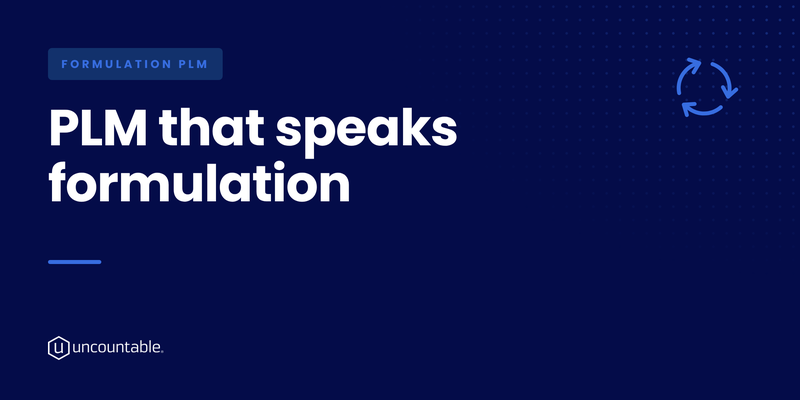 Solution brief cover card for Formulation PLM: PLM that speaks formulation, with a product lifecycle icon on a navy Uncountable background