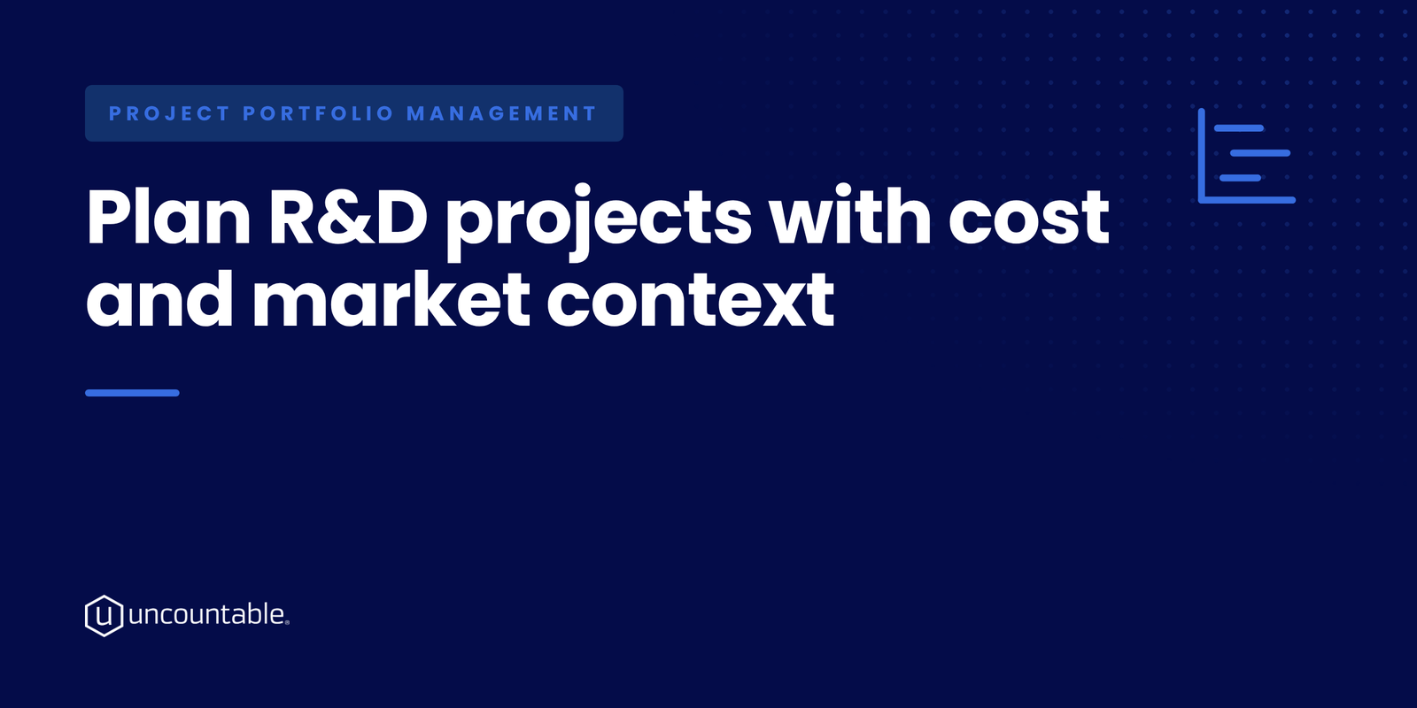 Solution brief cover card for Plan R&D projects with cost and market context, with a project portfolio management icon on a navy Uncountable background