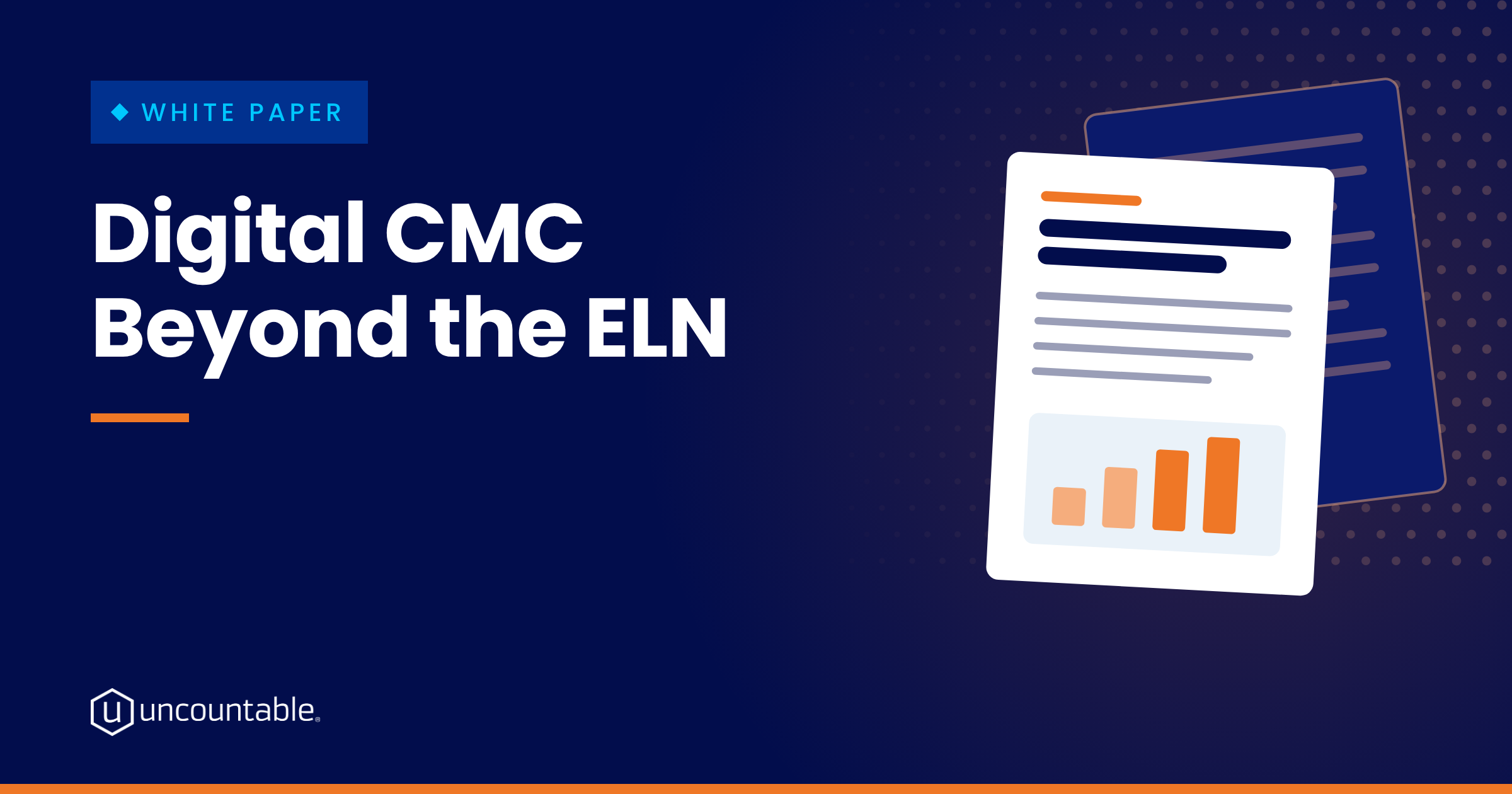 White paper cover card for Digital CMC Beyond the ELN, showing stacked report pages with a bar chart on a navy Uncountable background
