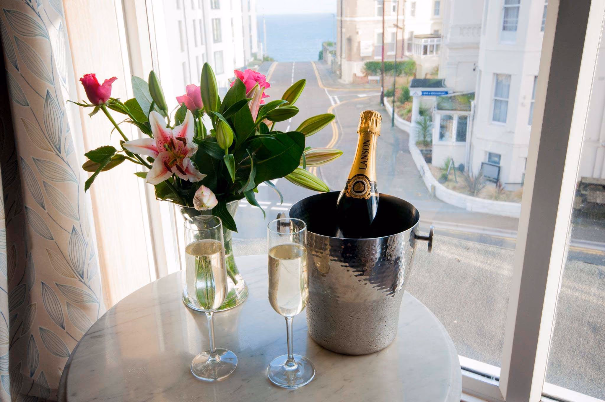 Bottle of bubbles in a room with a view.