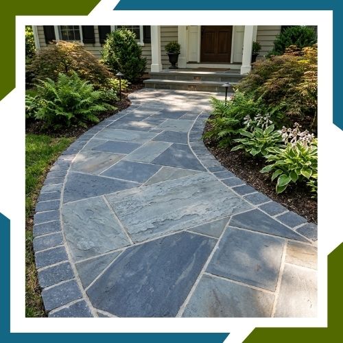 a stoned pathway in the front of a residential home