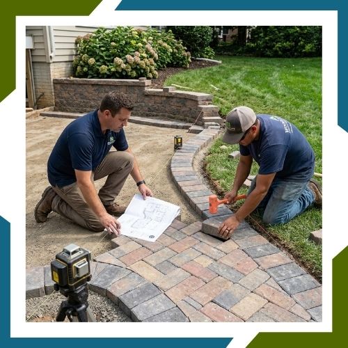 Custom walkway design and installation specialists carefully installing intricate interlocking pavers following a technical landscape plan.