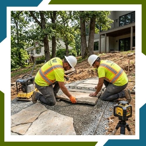 Professional walkway builders from Woodscape Construction carefully setting flagstone on a steep sloped landscape.