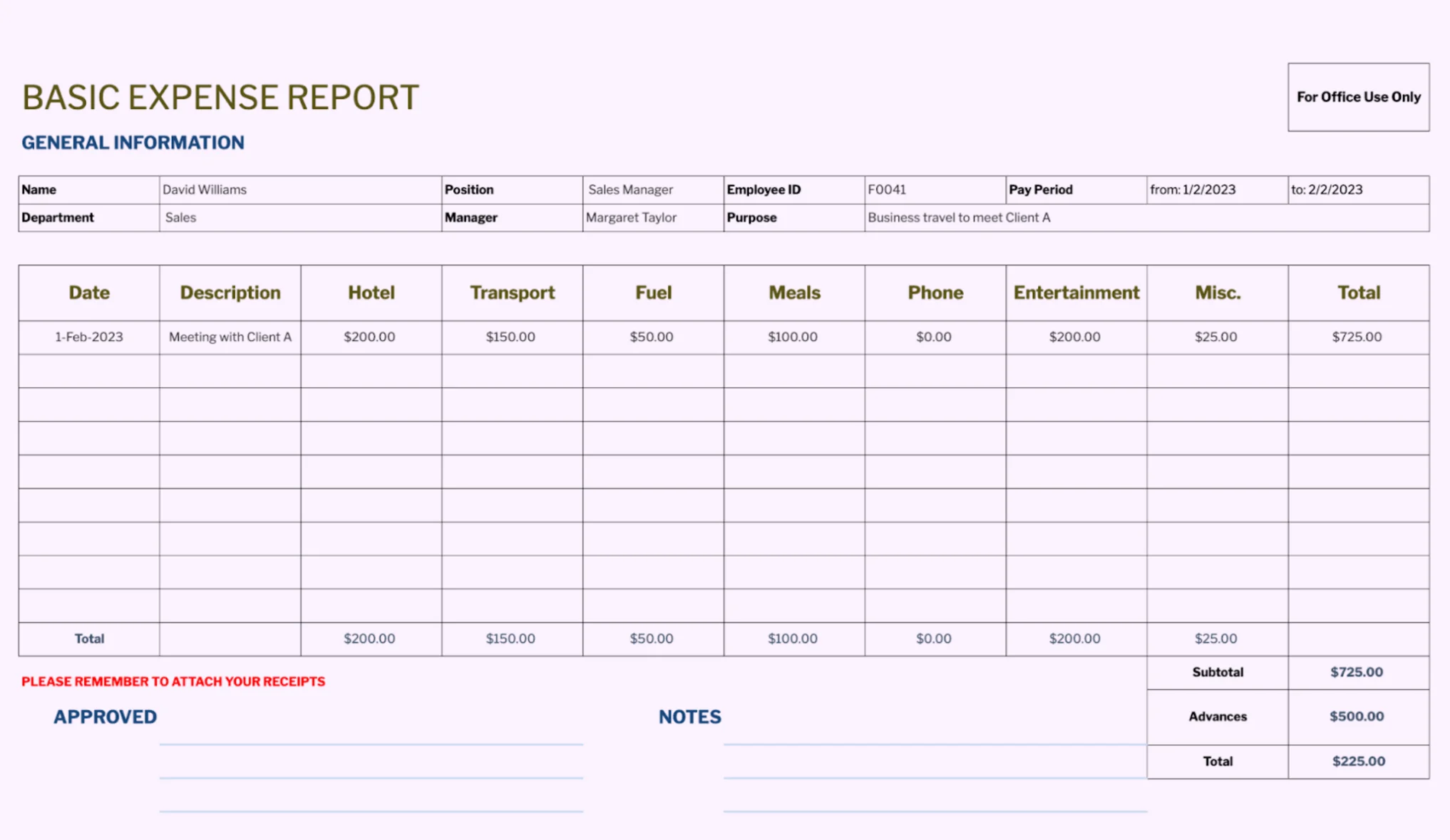 Basic expense report spreadsheet