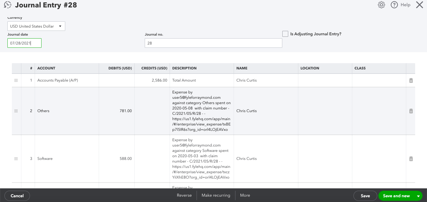 Quickbooks Online Journal Entry